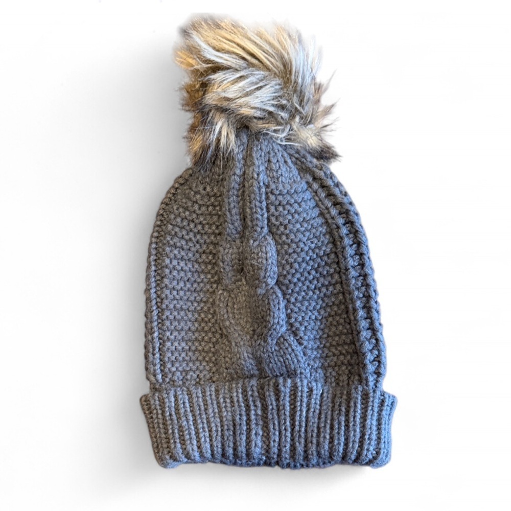 Gray Cable Knit Faux Fur Pom Pom Beanie